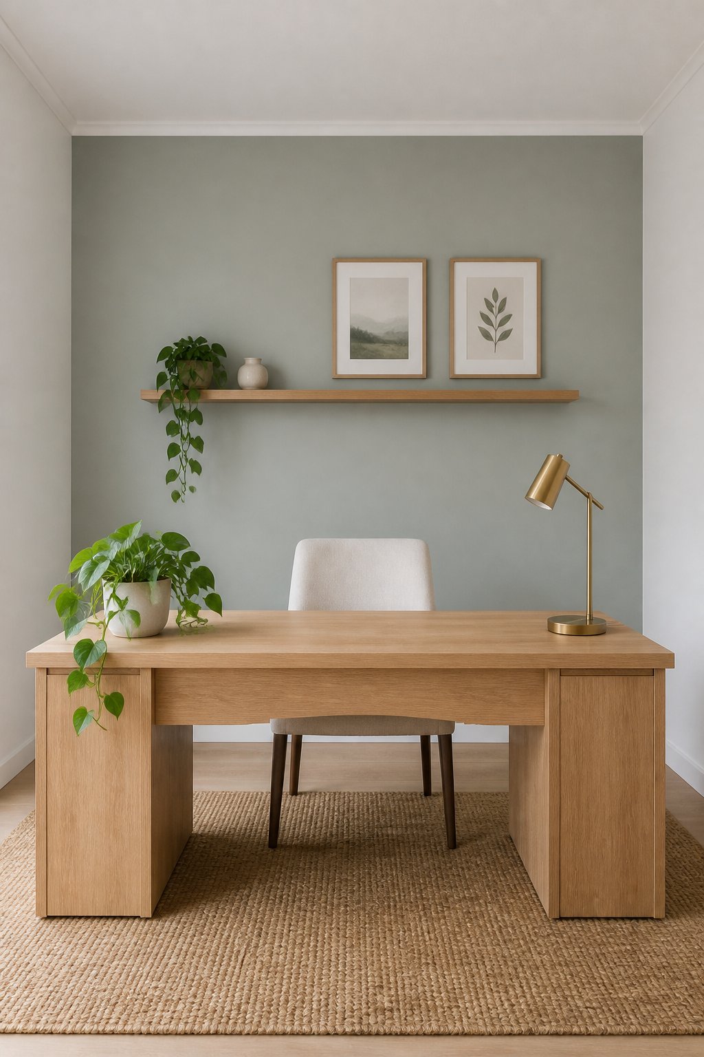 A home office with a light wood desk in front of a muted gray-green accent wall, decorated with framed prints, a brass lamp, a potted pothos, and a jute rug.