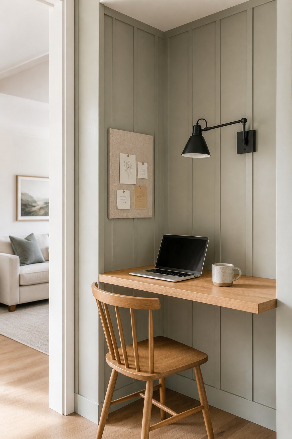 A compact corner work nook with gray-green paneled walls, a floating wooden desk, chair, wall lamp, pinboard, mug, and laptop.