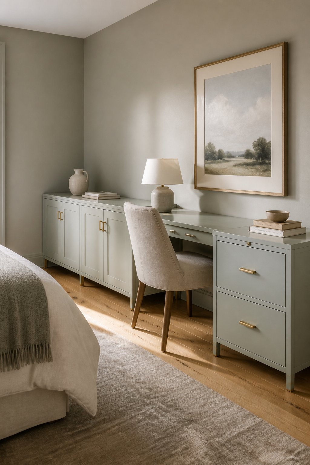A guest-room home office with gray-green storage cabinets, a linen chair, oak flooring, and warm afternoon light.