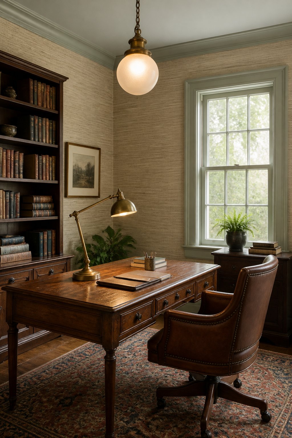 A cozy scholarly home office with gray-green trim, textured oatmeal walls, a vintage desk, leather chair, bookshelves, and warm lighting.