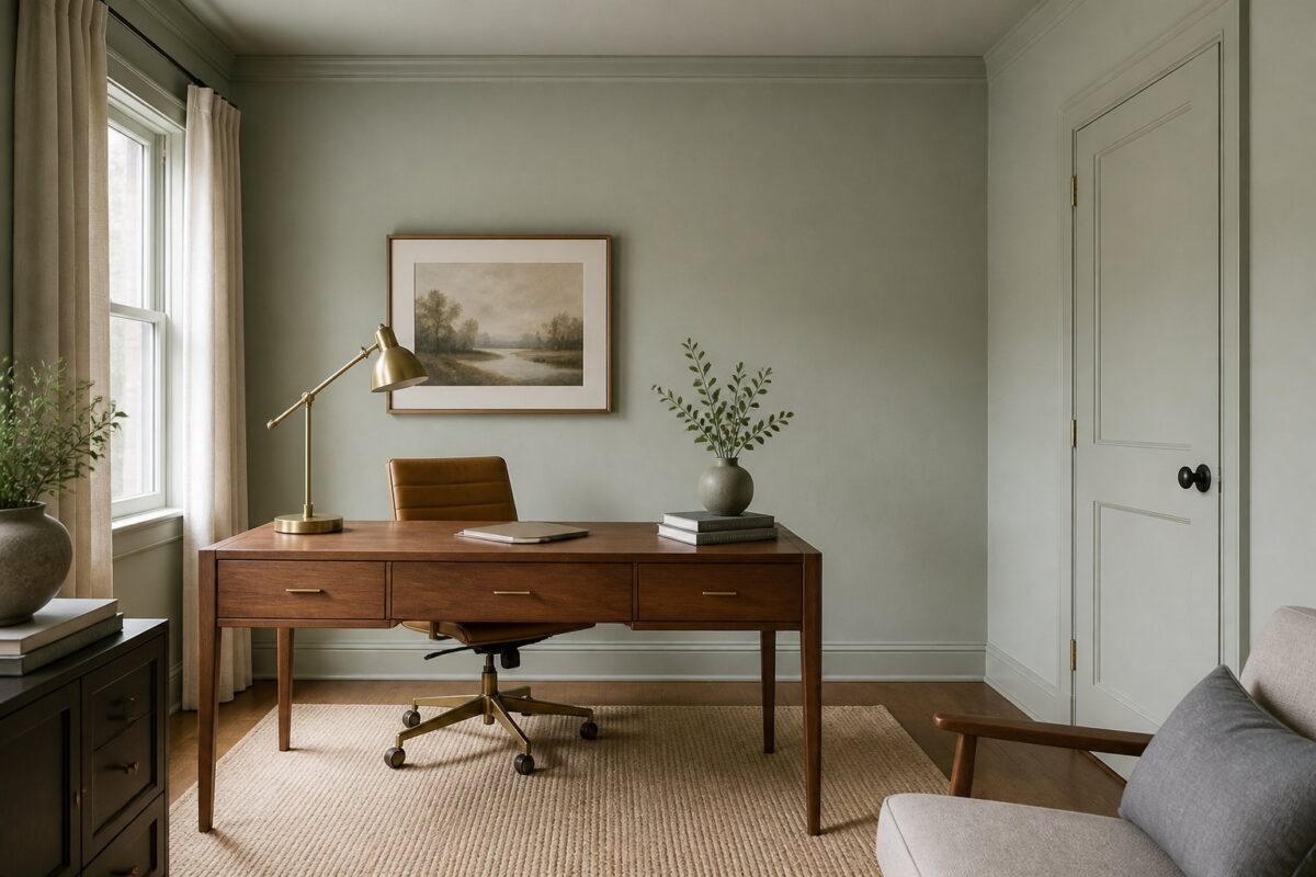 A small home office with gray-green walls, a walnut desk, tan leather chair, brass lamp, books, rug, and linen curtains illuminated by soft daylight.