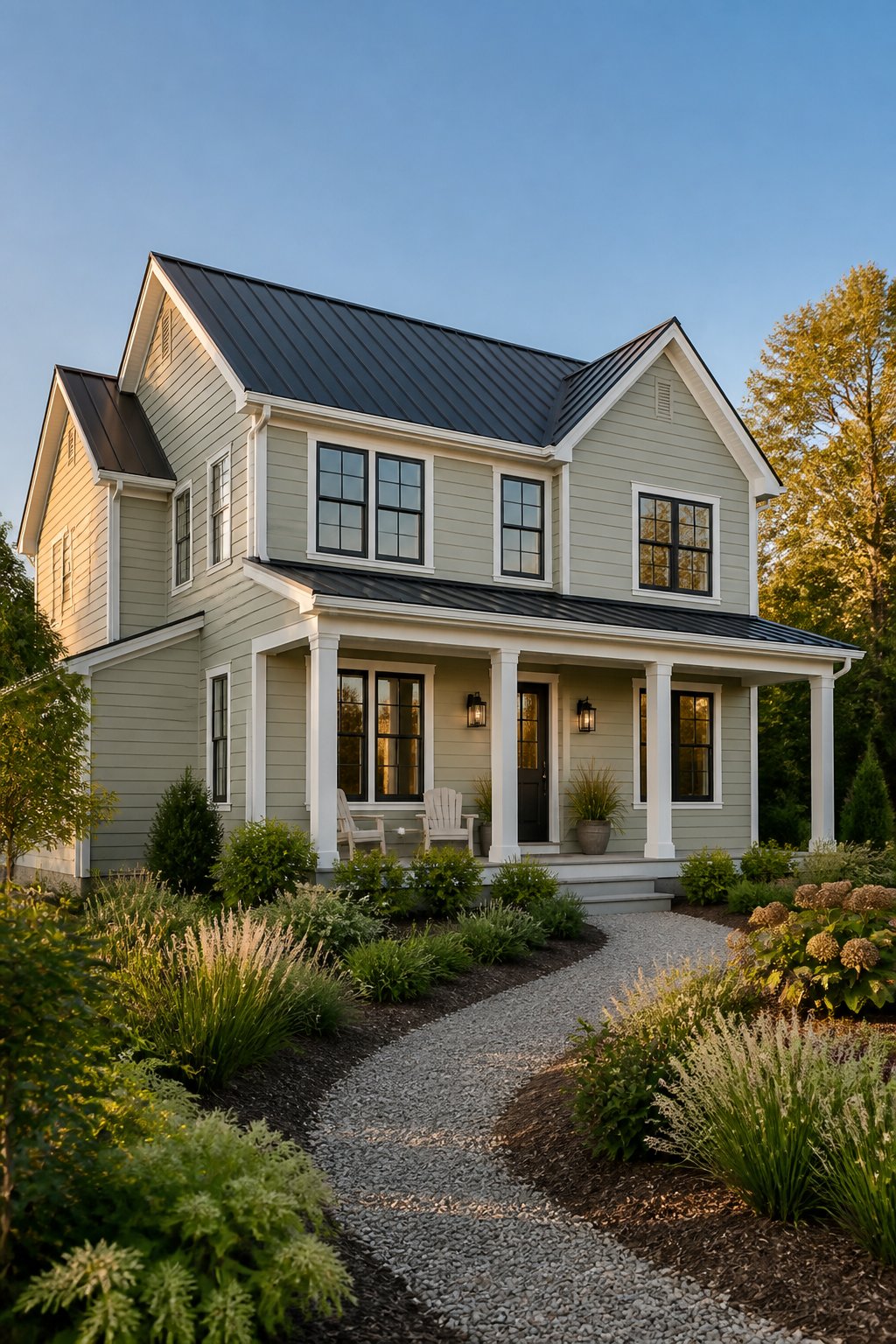 A two-story farmhouse with muted gray-green siding, white trim, a dark roof, black-framed windows, a covered porch, plants, and a gravel path.