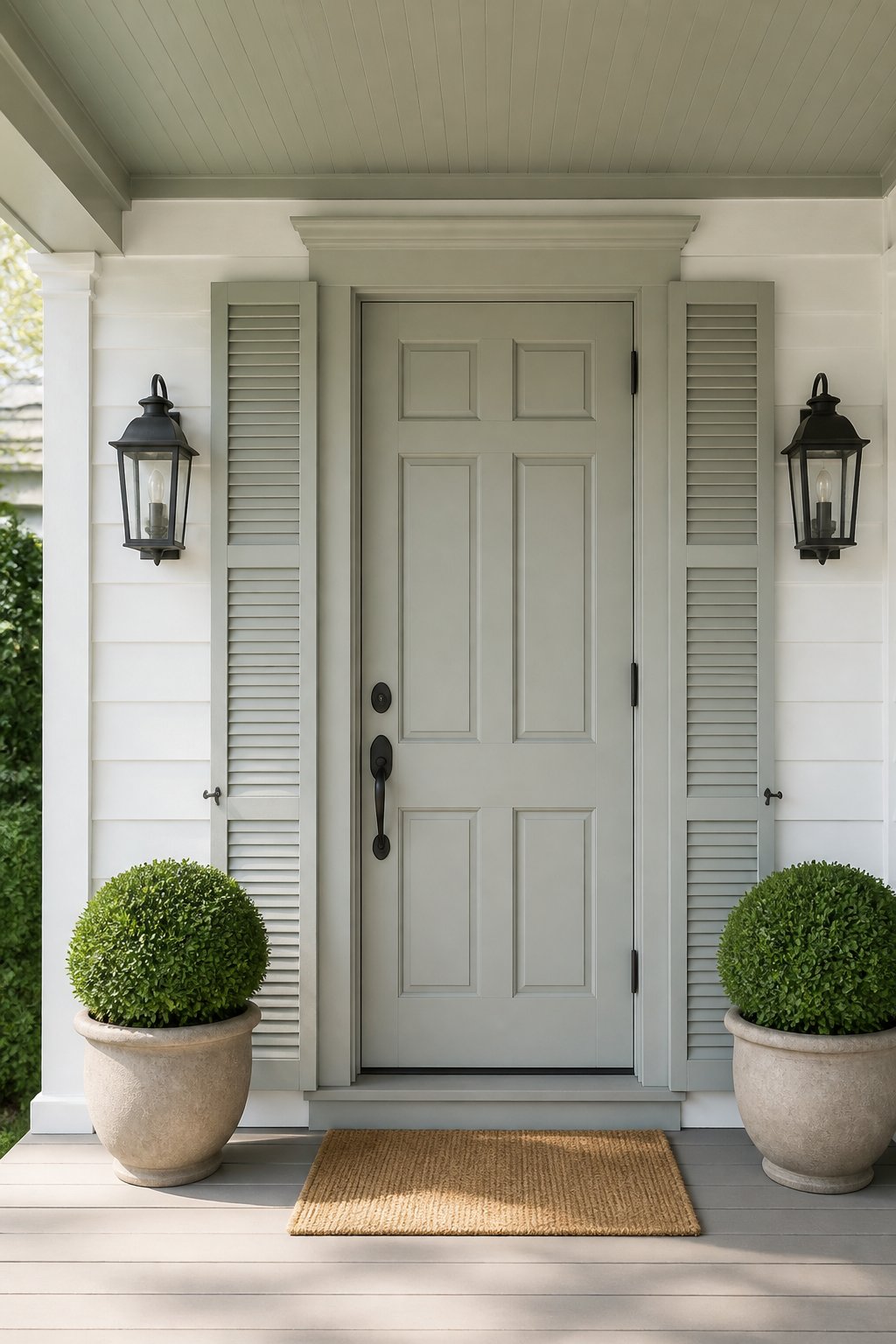 A white clapboard house entry with a muted green front door, matching shutters and porch ceiling, black lanterns, planters, and a doormat.