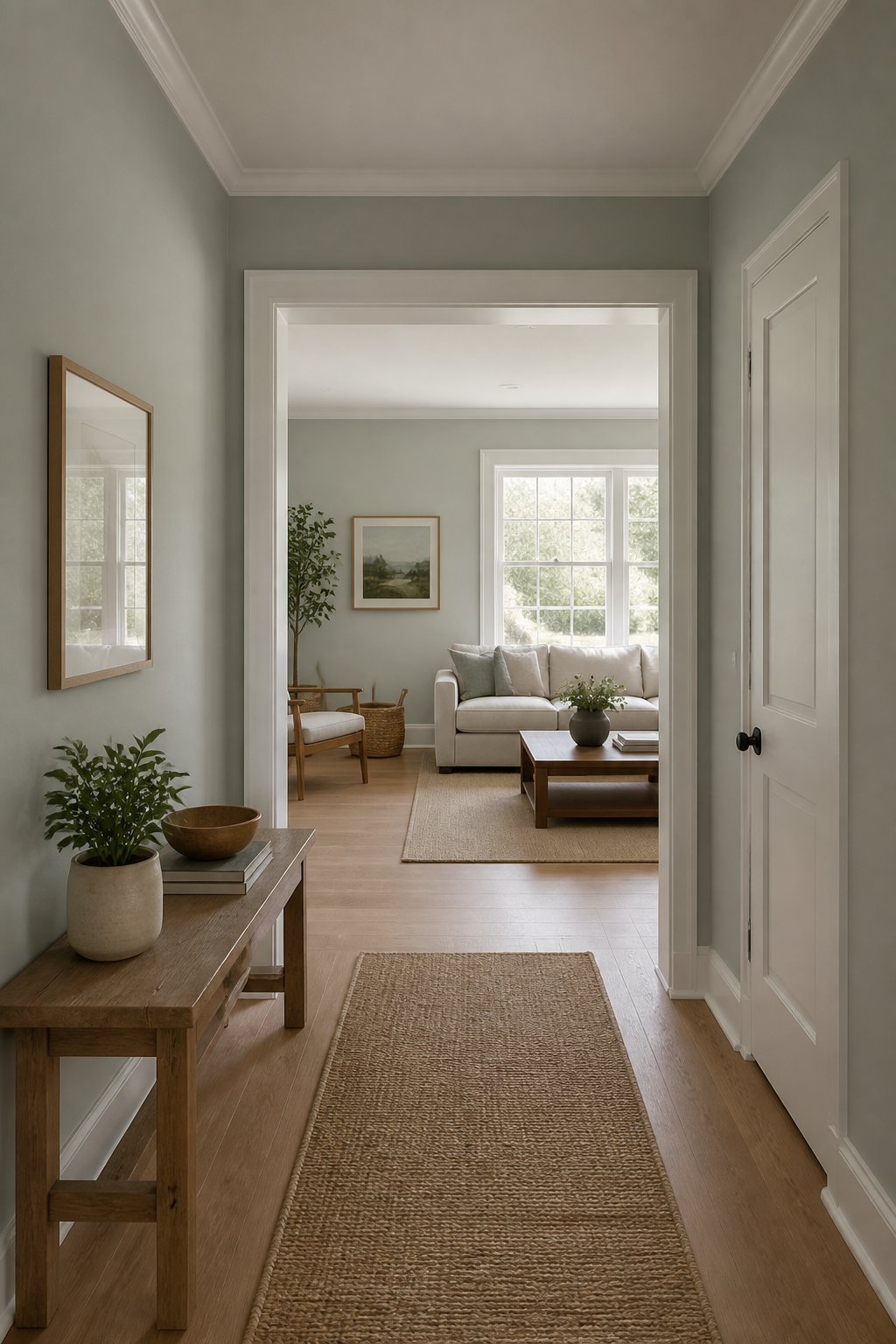 A gray-green entry hallway with oak flooring leads into a brighter living room furnished with a linen sofa, wood furniture, artwork, and a runner rug.
