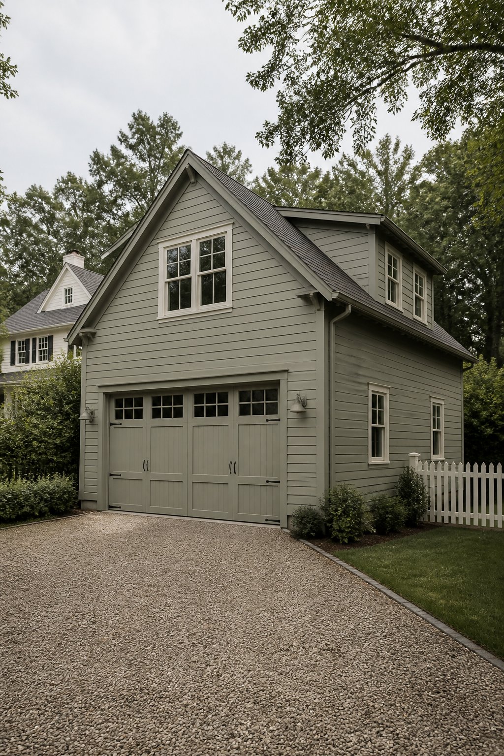 A muted gray-green detached garage with an upper guest suite beside a gravel driveway, trees, and a picket fence.