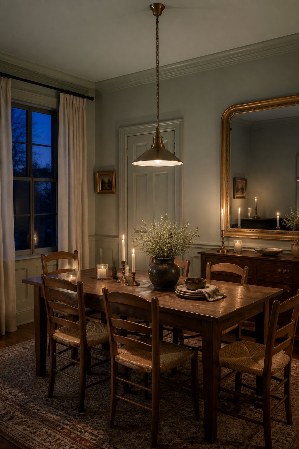 An intimate dining room with gray-green walls and ceiling, a wooden table, rush-seat chairs, warm pendant lighting, a gold-framed mirror, and floor-length curtains.