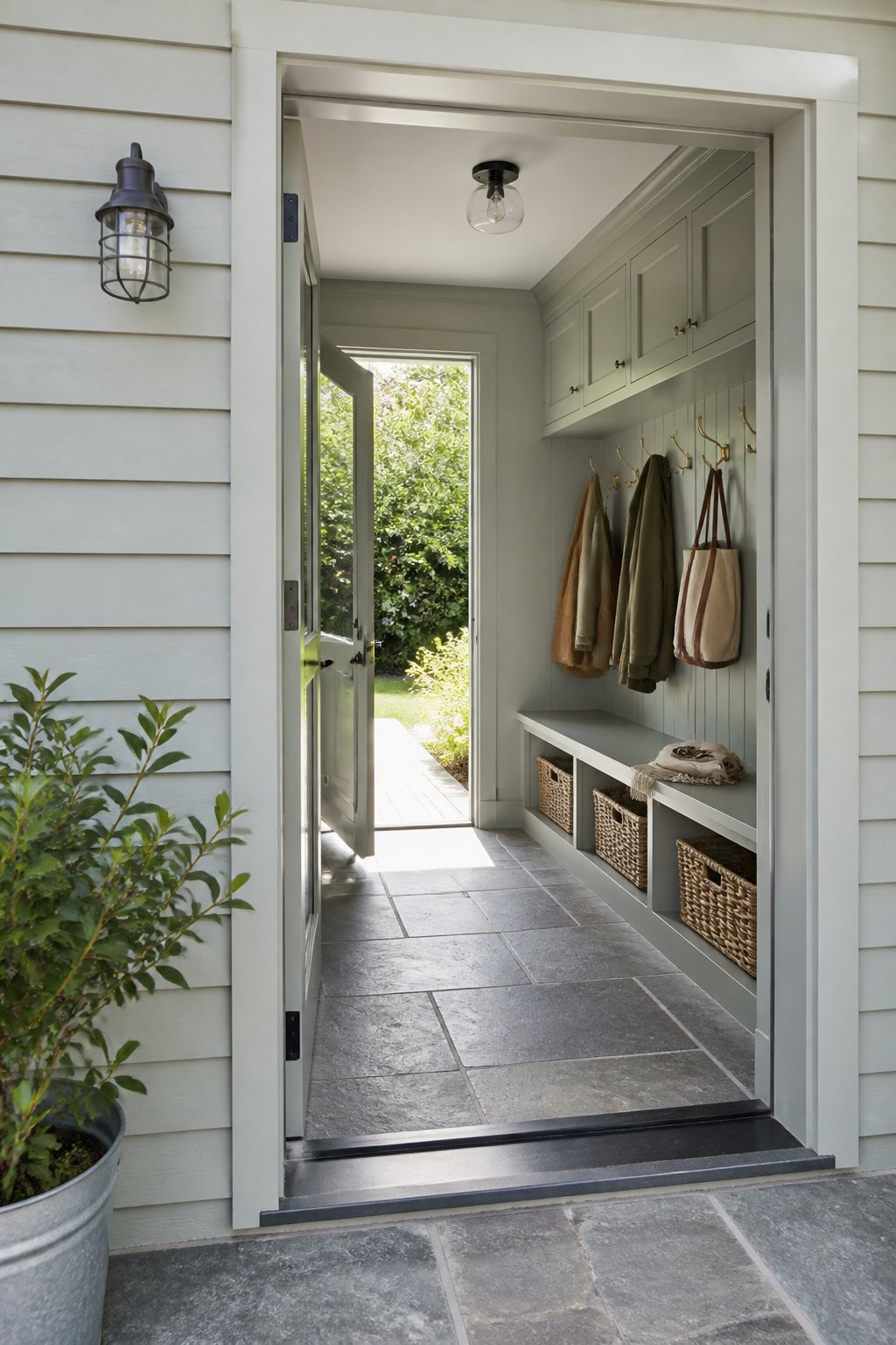 A gray-green home exterior opens into a matching mudroom with lockers, a bench, hooks, baskets, slate flooring, and a glazed door leading to the yard.