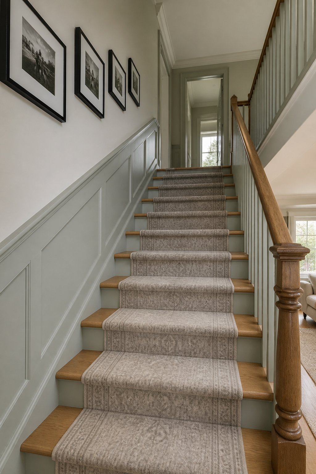 A gray-green painted staircase with natural wood steps leads to an upstairs hallway, with framed family photos on the wall and soft daylight from above.