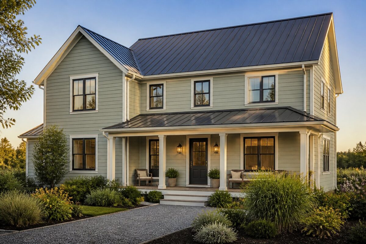 A two-story gray-green farmhouse with white trim, a dark roof, black-framed windows, a covered porch, plants, and a gravel path.