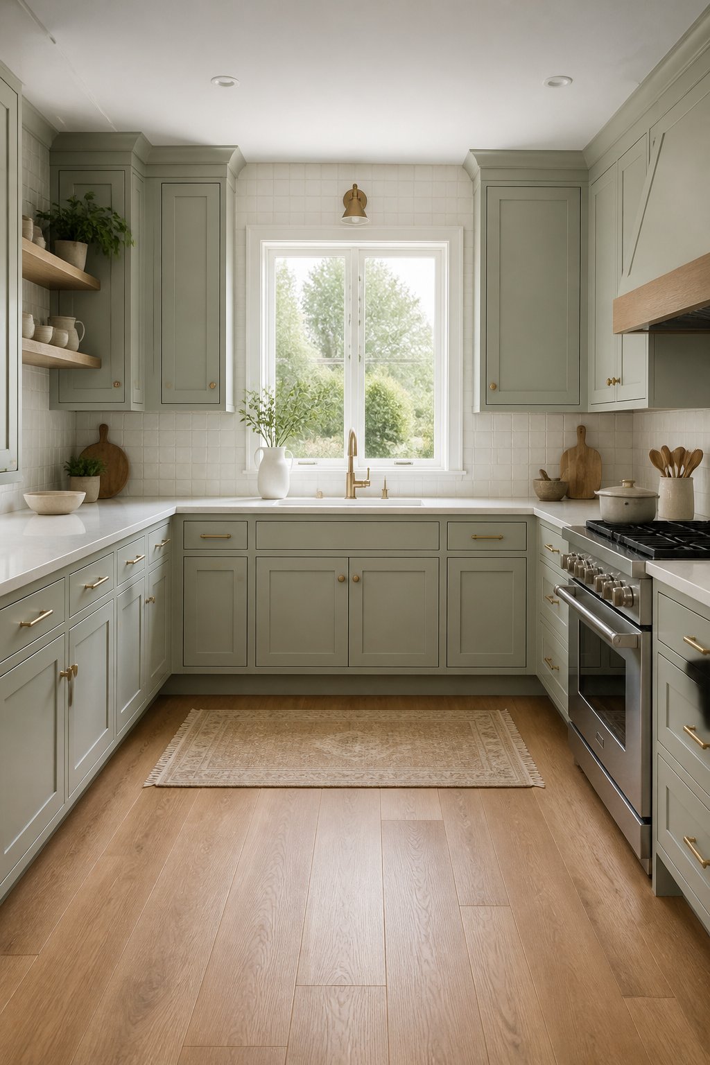 A bright transitional kitchen with muted gray-green cabinets, white countertops and backsplash, brass hardware, oak shelves and flooring, and a stainless-steel range.