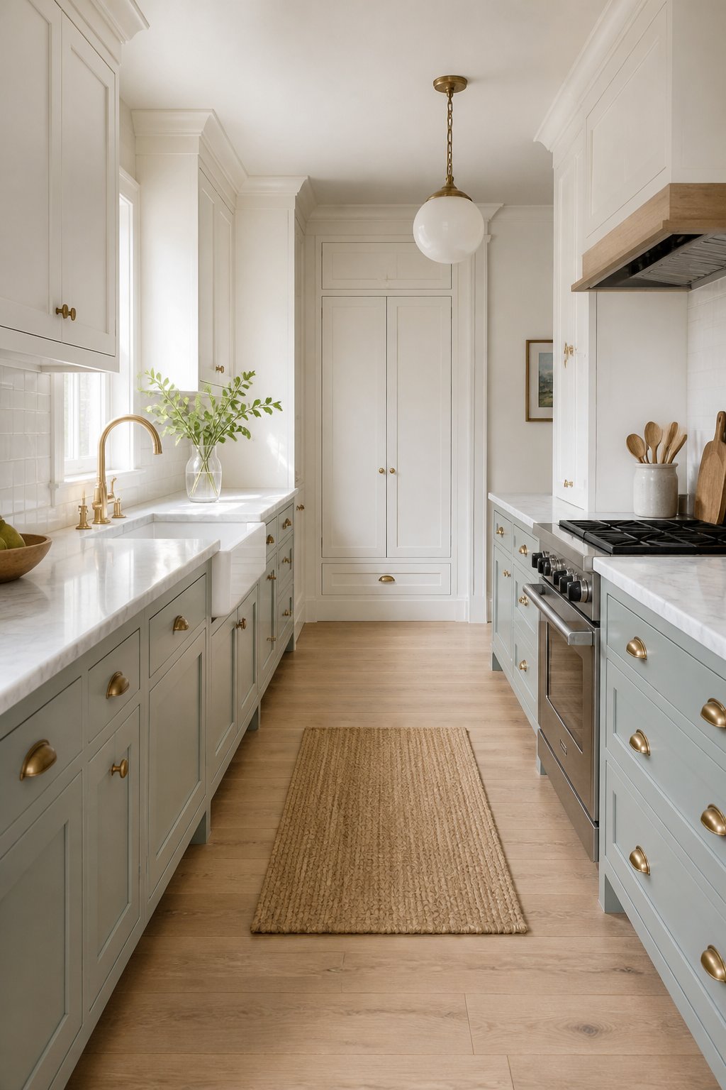 A bright galley kitchen with gray-green lower cabinets, warm-white upper cabinets, marble countertops, brass hardware, a white backsplash, and a farmhouse sink.
