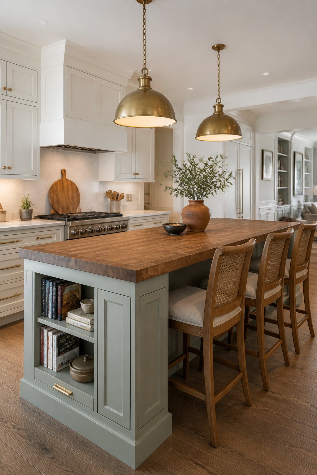 Open-plan kitchen with warm white cabinets, a muted gray-green island, butcher-block countertop, brass pendant lights, cane-back stools, and stone counters.
