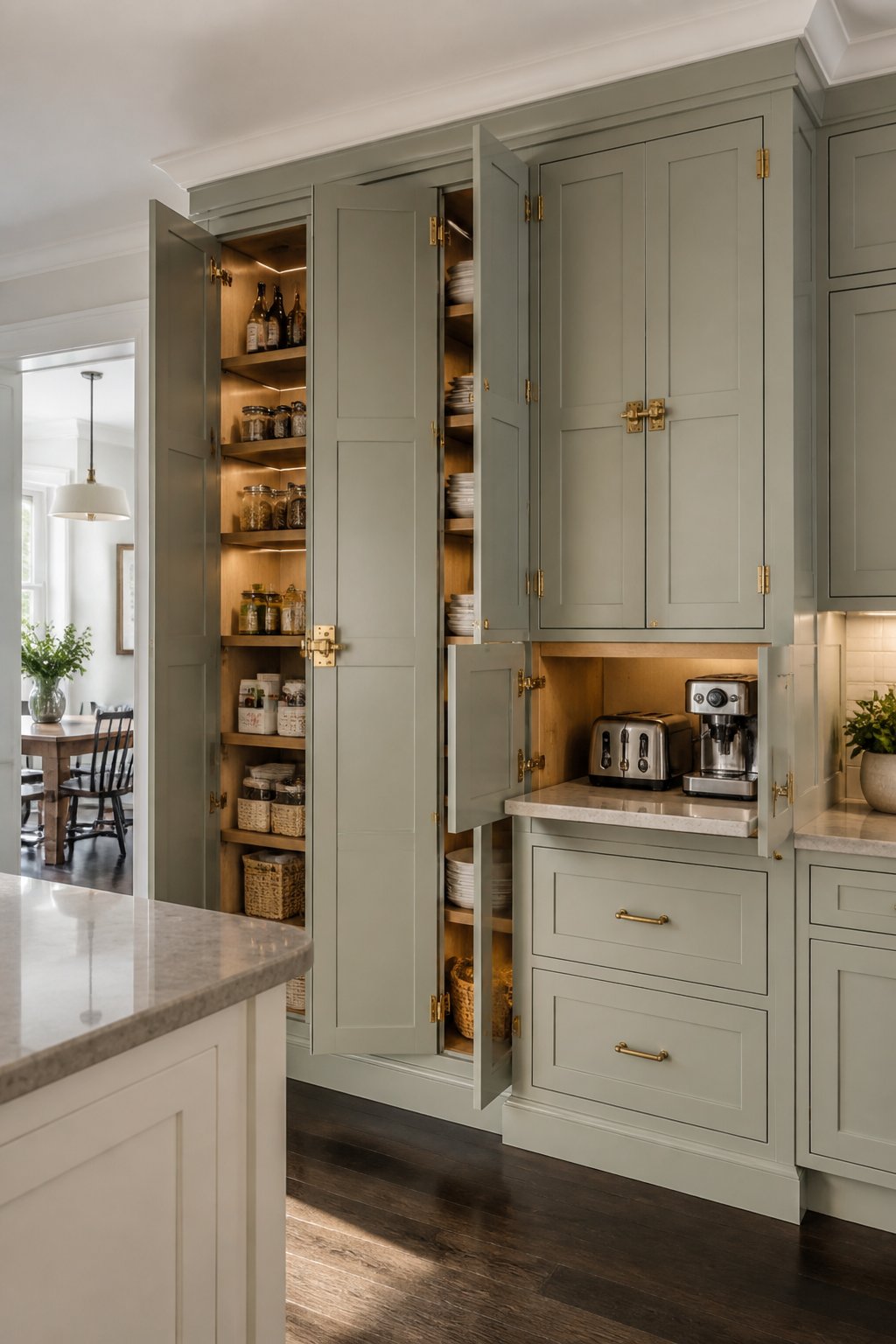 A warm modern kitchen with a gray-green pantry wall, brass hardware, open shelves of dishes and jars, and a dining table visible beyond.