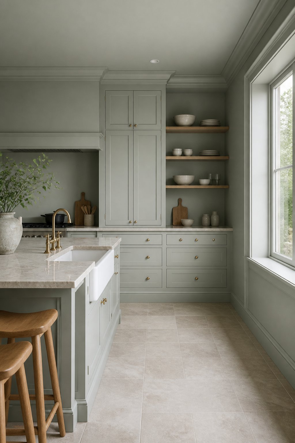 A serene English-inspired kitchen with gray-green cabinets, walls, and ceiling, a farmhouse sink, brass faucet, wood stools, open shelving, and natural light.