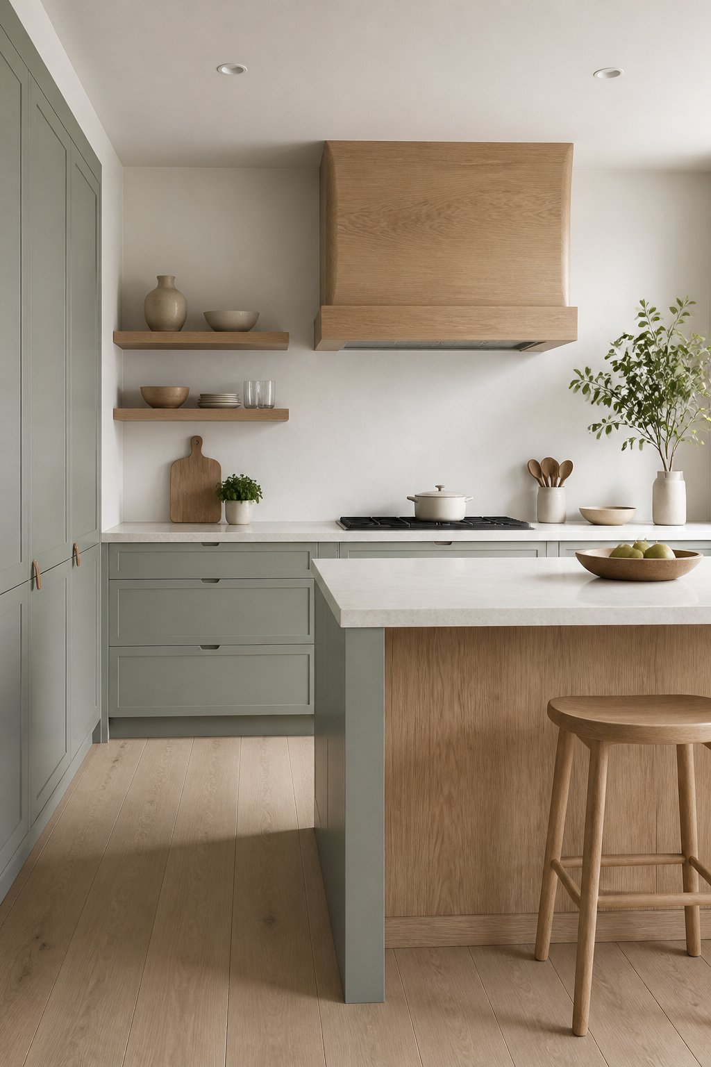 Bright modern kitchen with muted gray-green cabinets, pale countertops, and natural white oak accents.