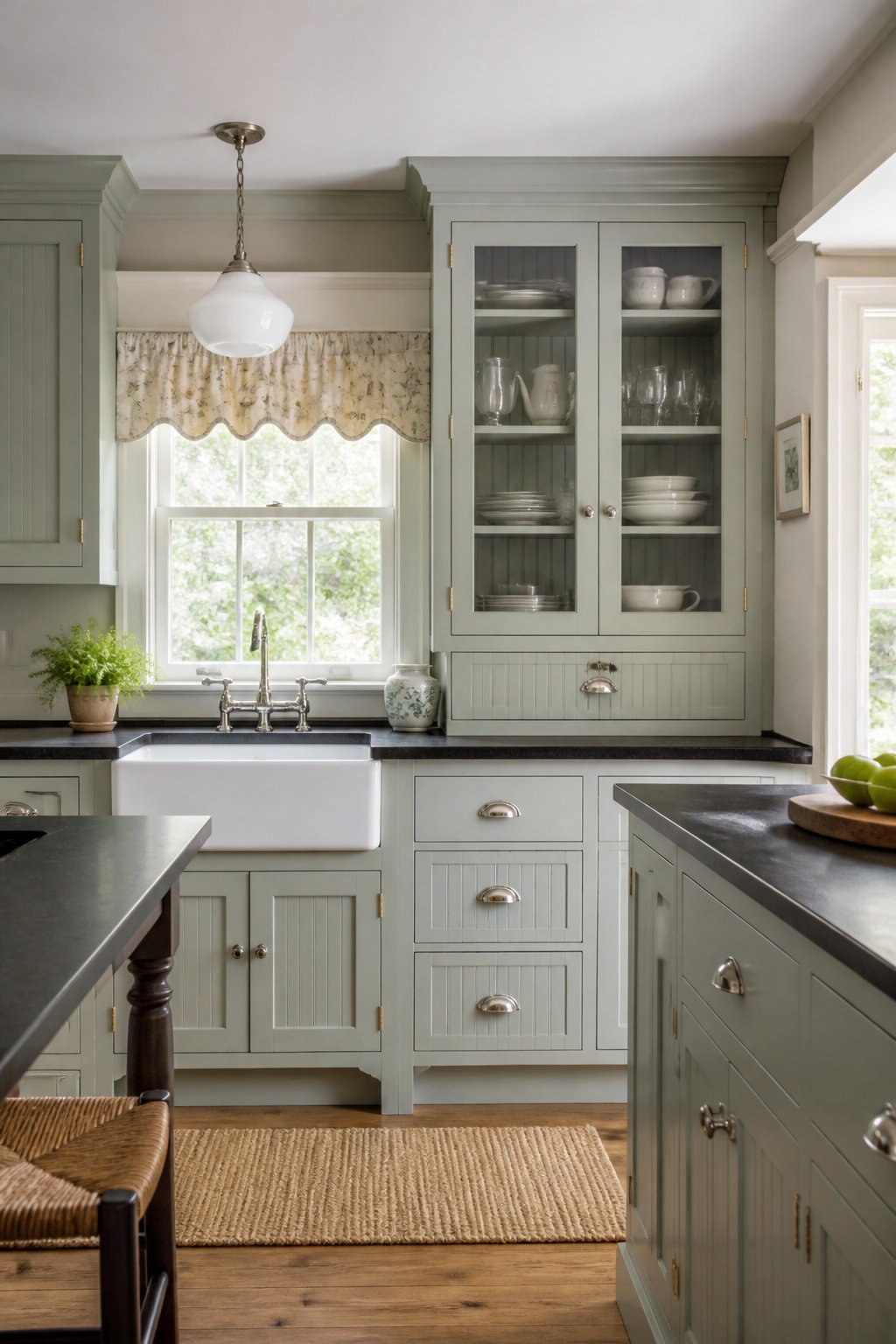 A cottage kitchen with gray-green inset cabinets, a sink beneath a window, soapstone counters, brass hinges, and a hanging pendant light.