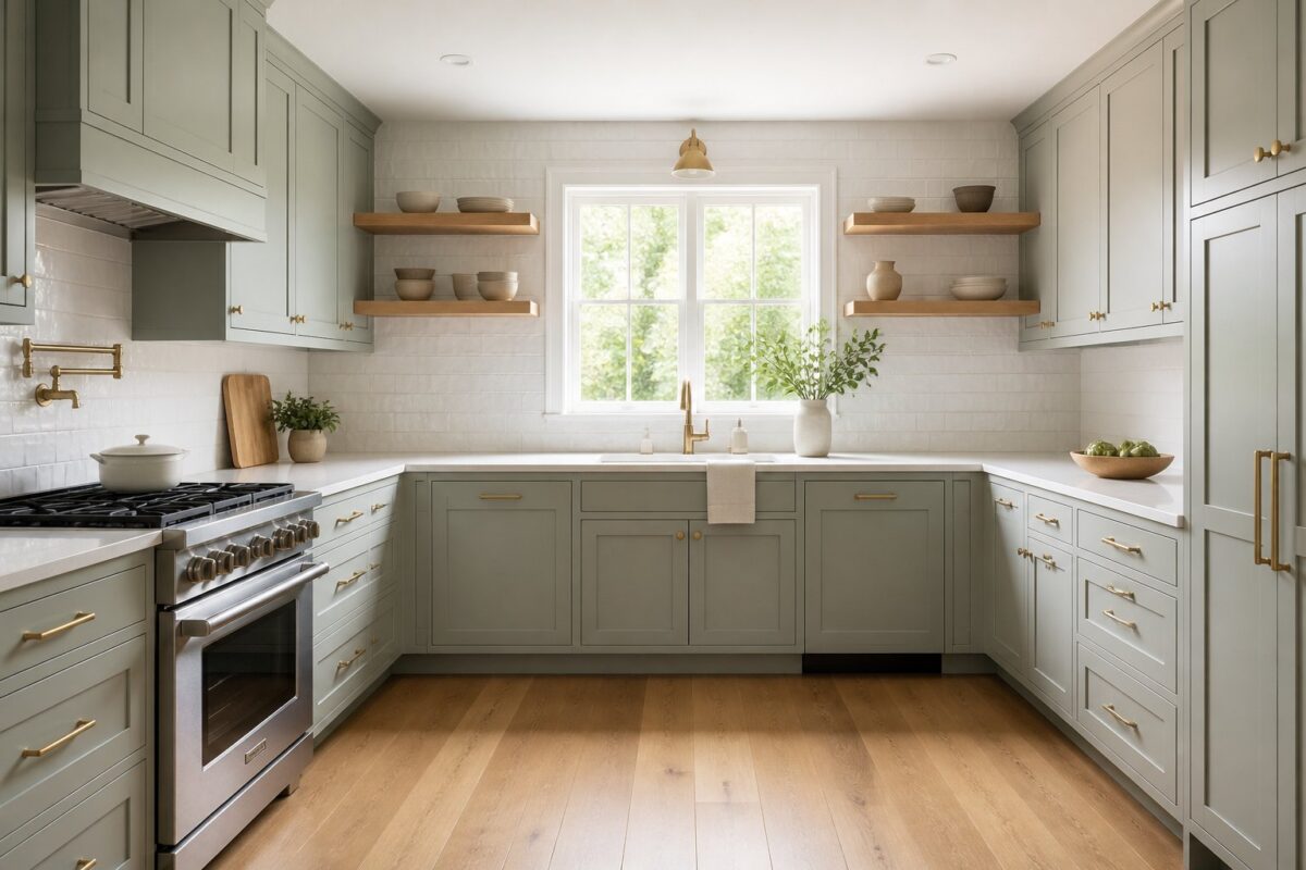 A bright transitional kitchen with muted gray-green cabinets, white countertops and backsplash, oak shelves and flooring, brass hardware, and a stainless-steel range.