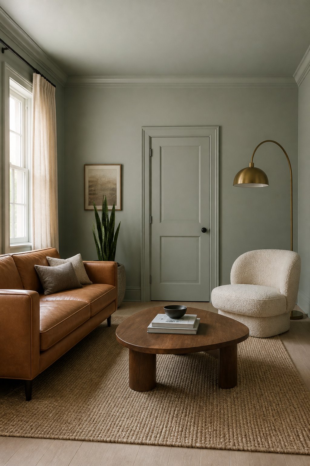 A serene gray-green living room with a camel leather sofa, boucle chair, wooden coffee table, floor lamp, rug, and tall houseplant.
