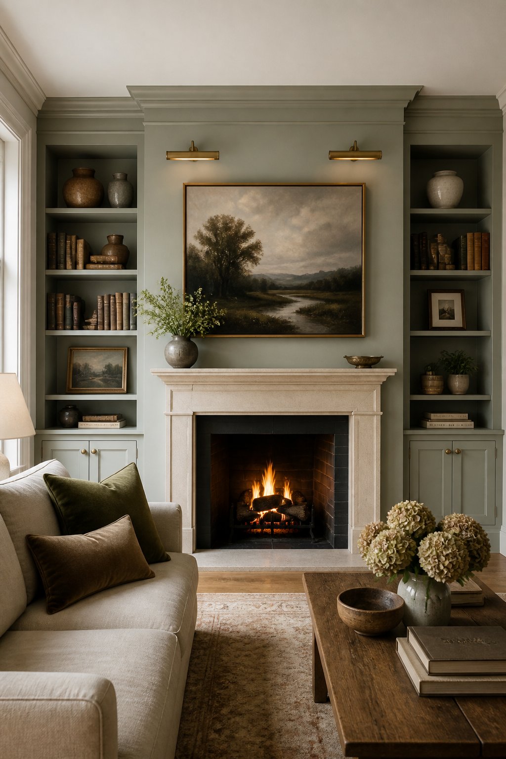A warm living room with a gray-green fireplace wall, built-in bookshelves, a landscape painting, a sofa, and a wooden side table.