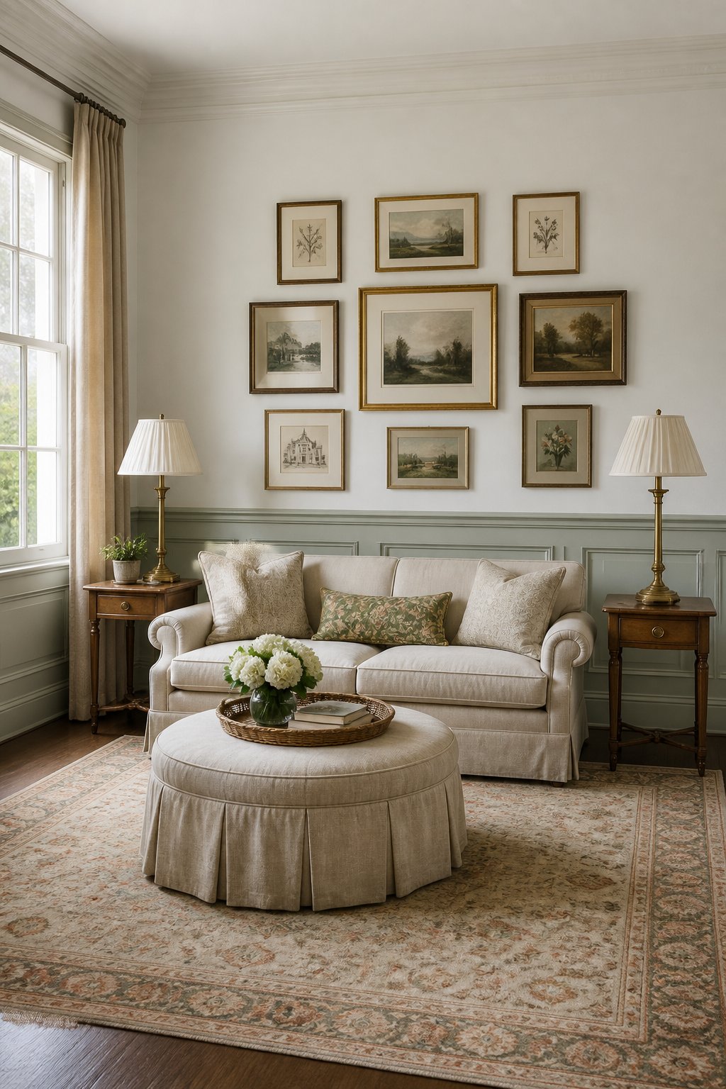 A formal sitting room with sage green wainscoting, white walls covered in framed art, a sofa, ottoman, lamps, and a traditional rug.