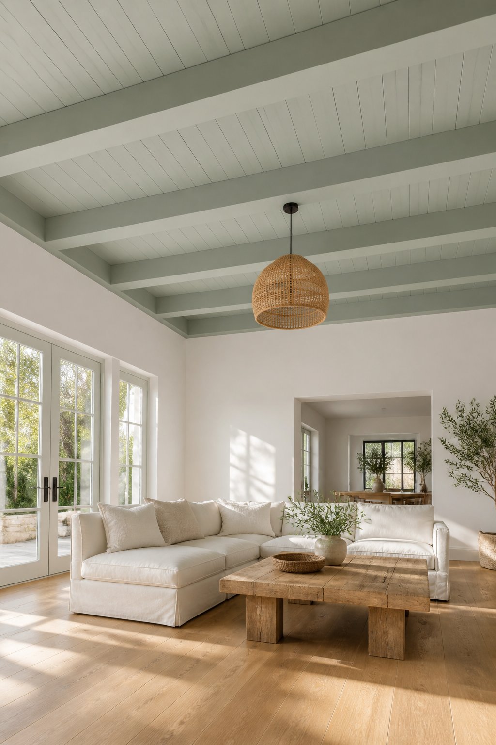 Bright living room with a muted gray-green ceiling and exposed beams, white walls, a rattan pendant light, a cream sofa, and large sunlit windows.