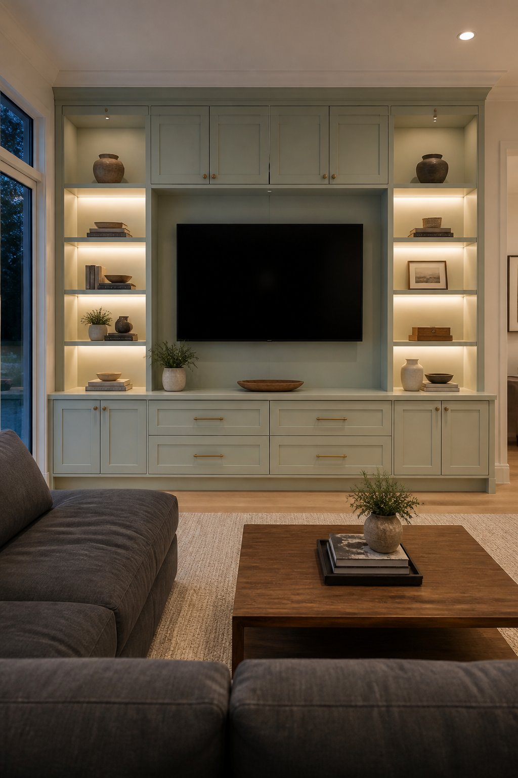 Living room with a gray-green built-in media wall, television, illuminated shelves, charcoal sofa, walnut coffee table, and wool rug.