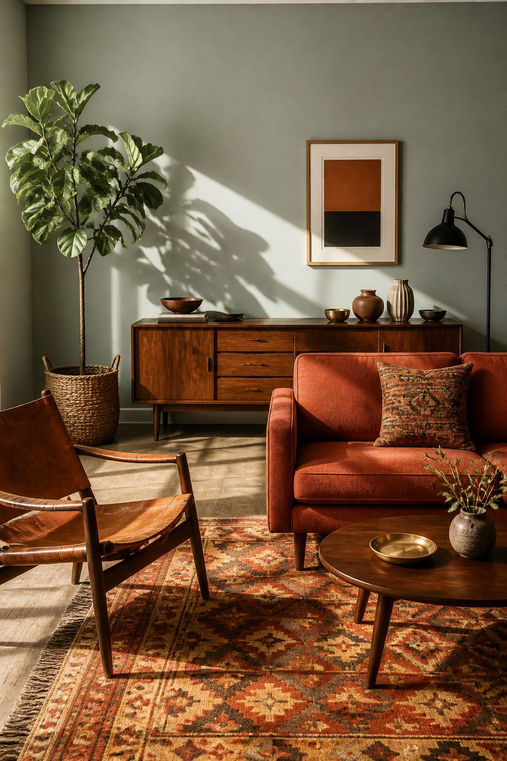 A warm living room with a muted gray-green wall, burnt-orange sofa, leather chair, patterned rug, walnut cabinet, floor lamp, and leafy plant in afternoon sunlight.