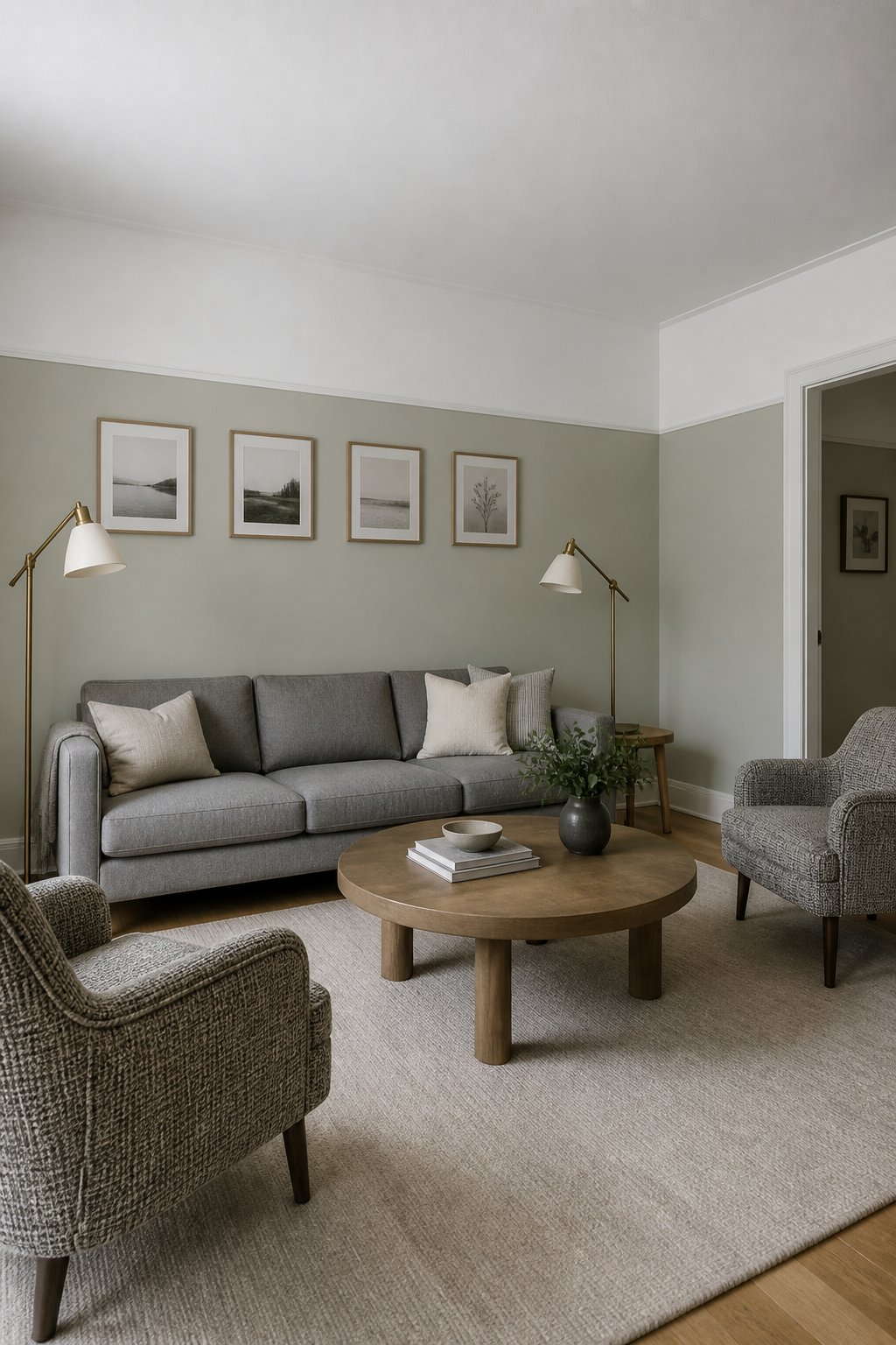 A bright apartment living room with a gray-green lower wall, white upper walls and ceiling, a gray sofa, two armchairs, brass lamps, and a round wooden coffee table.