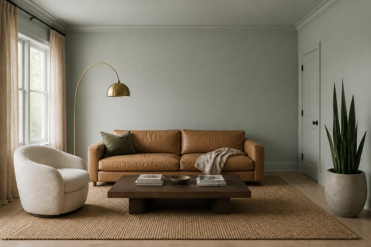A serene gray-green living room with a camel leather sofa, boucle chair, wooden coffee table, rug, floor lamp, and tall snake plant.