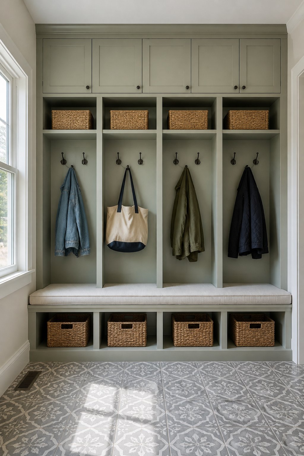 A bright mudroom with a full wall of gray-green built-in lockers, cubbies, cabinets, hooks, baskets, a bench, and a patterned tile floor.