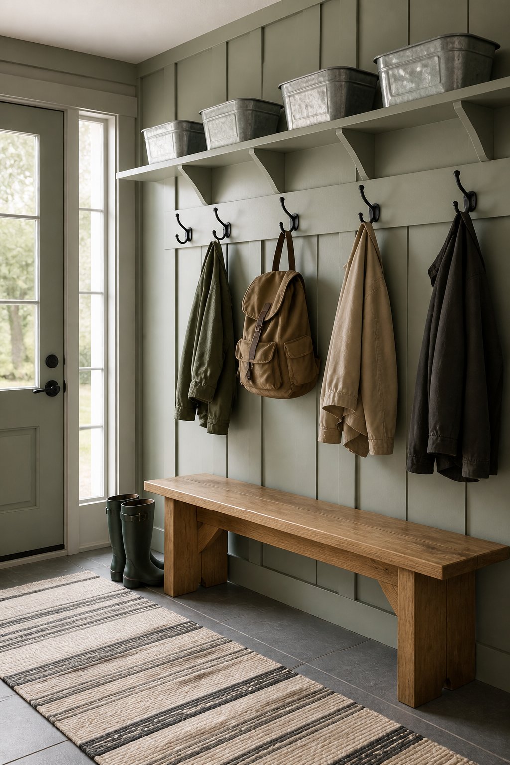 A farmhouse mudroom with gray-green board-and-batten walls, hooks holding outerwear, an oak bench, a striped runner, rain boots, and metal storage bins.