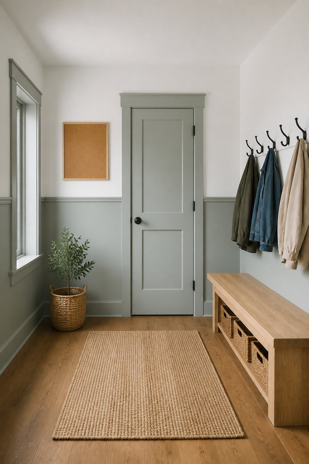 A bright mudroom with muted gray-green lower walls, white upper walls, a wooden bench, wall hooks with coats, baskets, a corkboard, and a rug.
