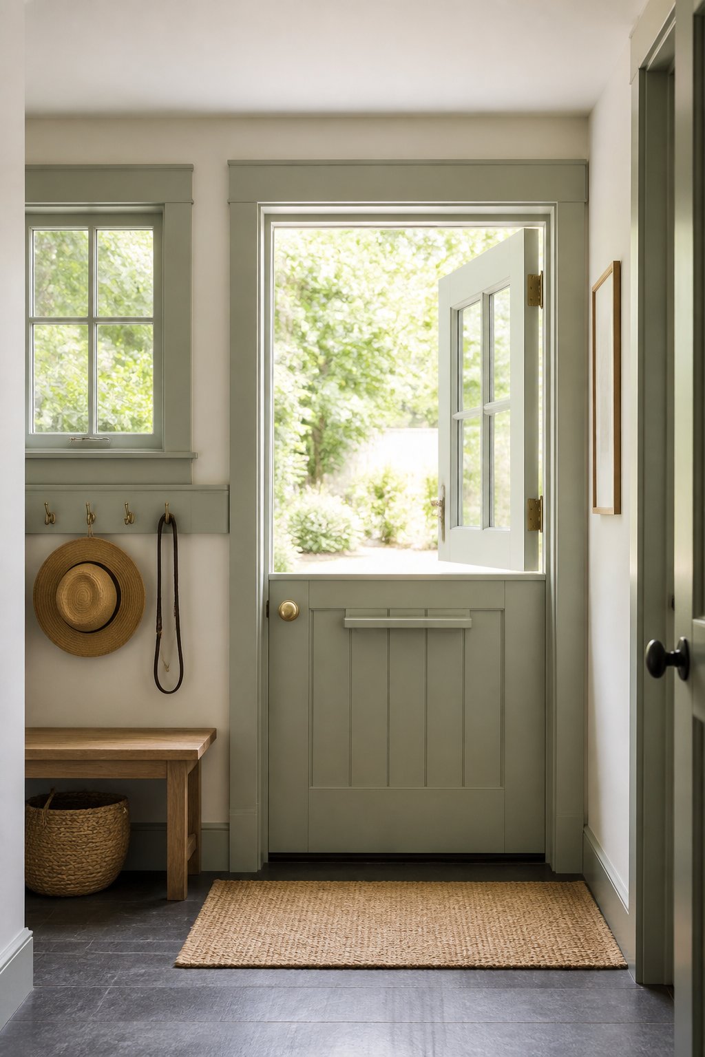 A mudroom with a muted gray-green Dutch door, a wood bench, brass hooks, and daylight entering through the open upper door.