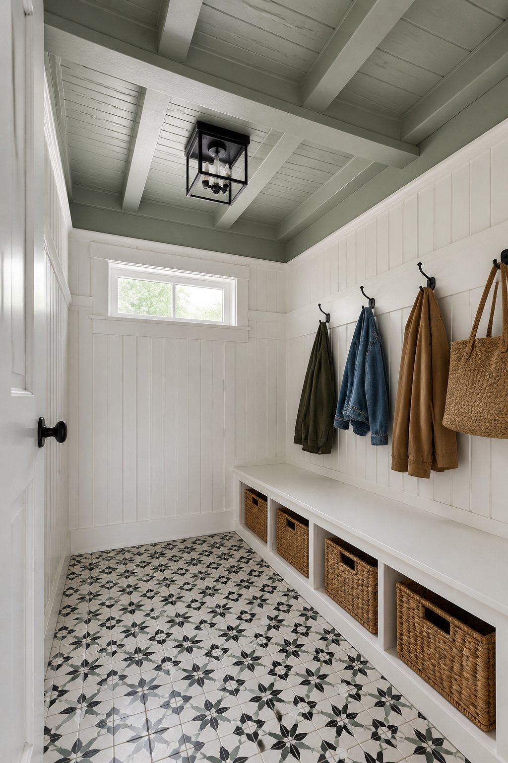 A compact mudroom with white paneled walls, a gray-green ceiling and beams, a bench with baskets, hanging coats, a black ceiling light, and patterned tile flooring.