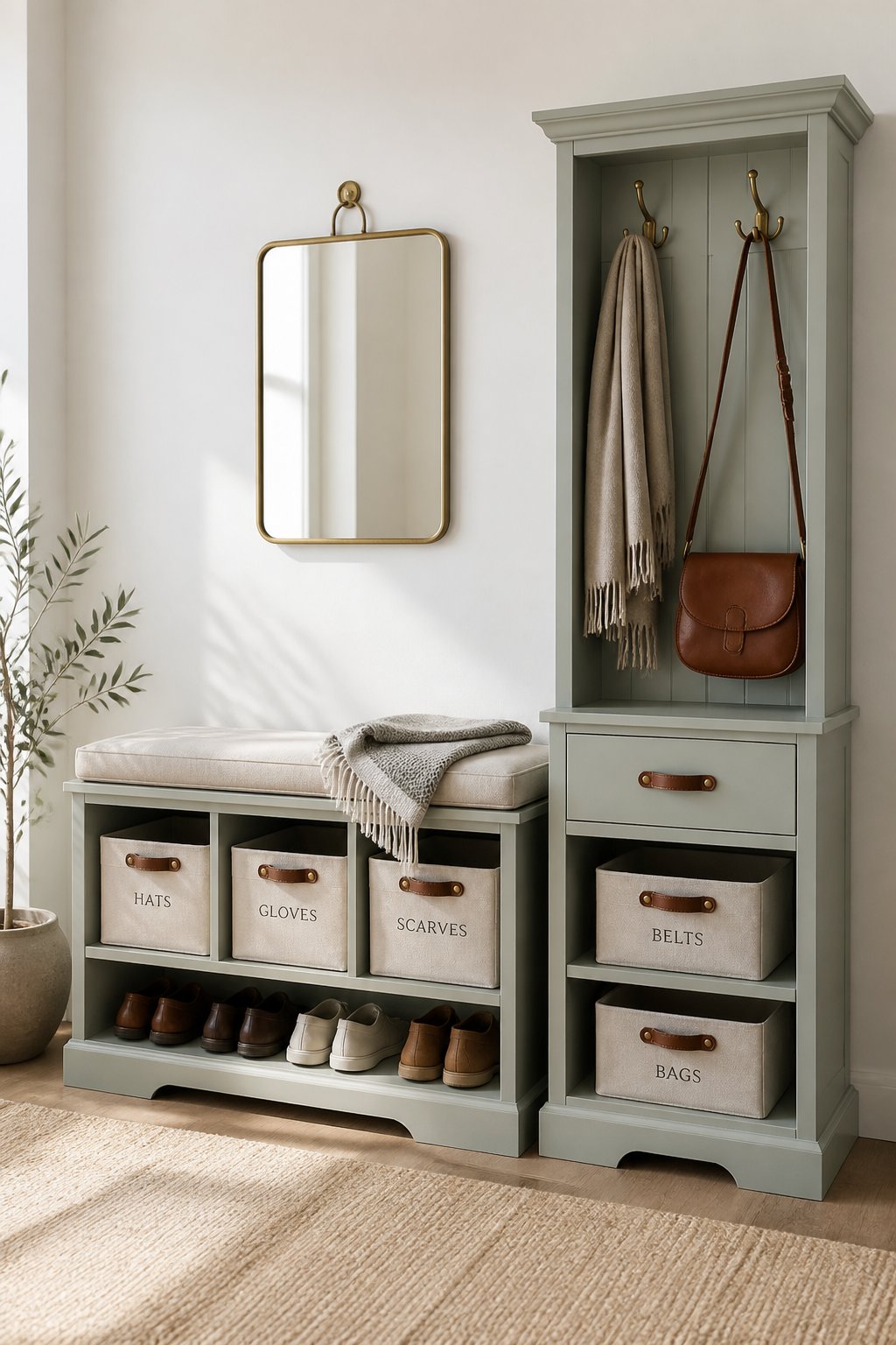An entryway corner with a muted gray-green storage bench and tall hall tree against a white wall, featuring canvas bins, a folded throw, shoes, and a small brass-framed mirror.
