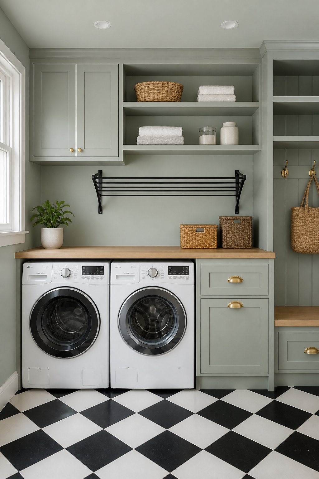 A gray-green laundry and mudroom with white washer and dryer, wooden folding counter, open shelves, woven hampers, and a checkerboard floor.