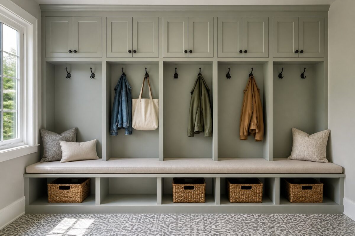 A bright mudroom with a full wall of gray-green built-in lockers, cubbies, cabinets, hooks, baskets, a bench, and patterned tile flooring.