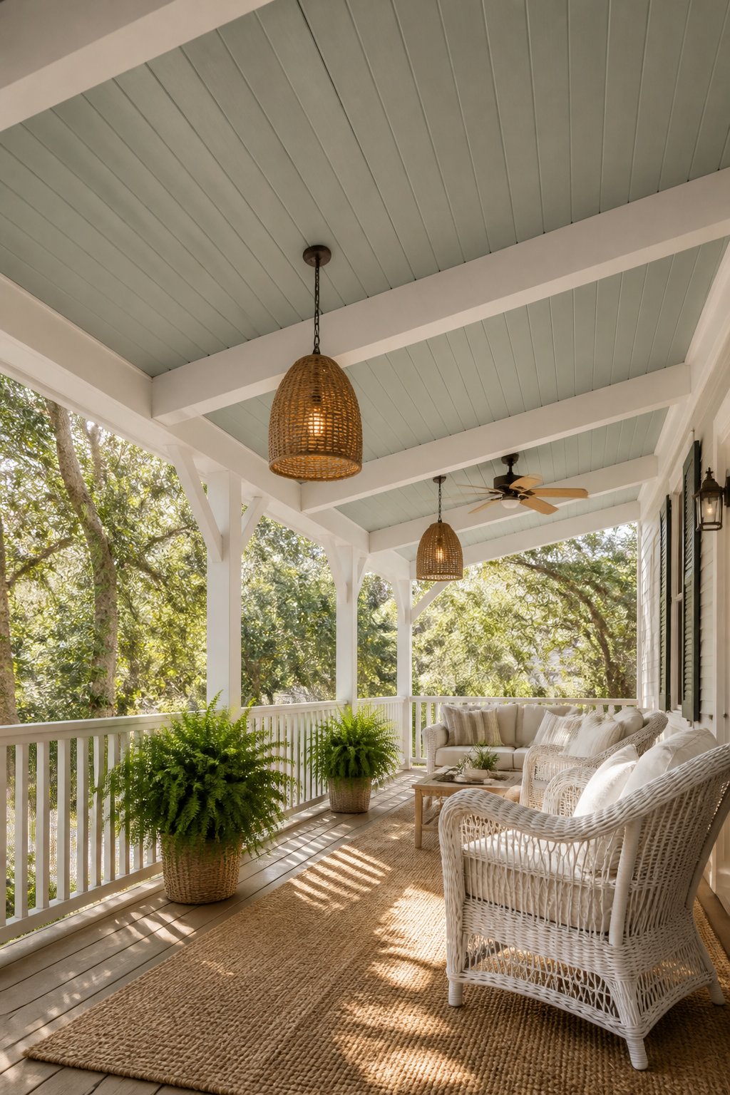 A covered porch with a muted gray-green ceiling, white beams, wicker chairs, hanging lanterns, a ceiling fan, potted ferns, and warm sunlight.