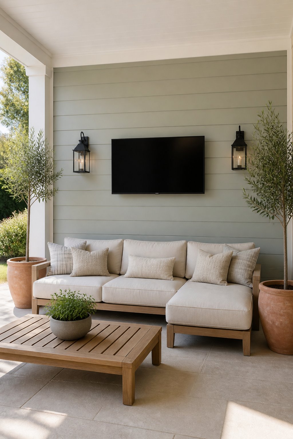 Covered patio with a sage green shiplap wall, outdoor sectional, teak coffee table, television, black sconces, and potted olive trees.