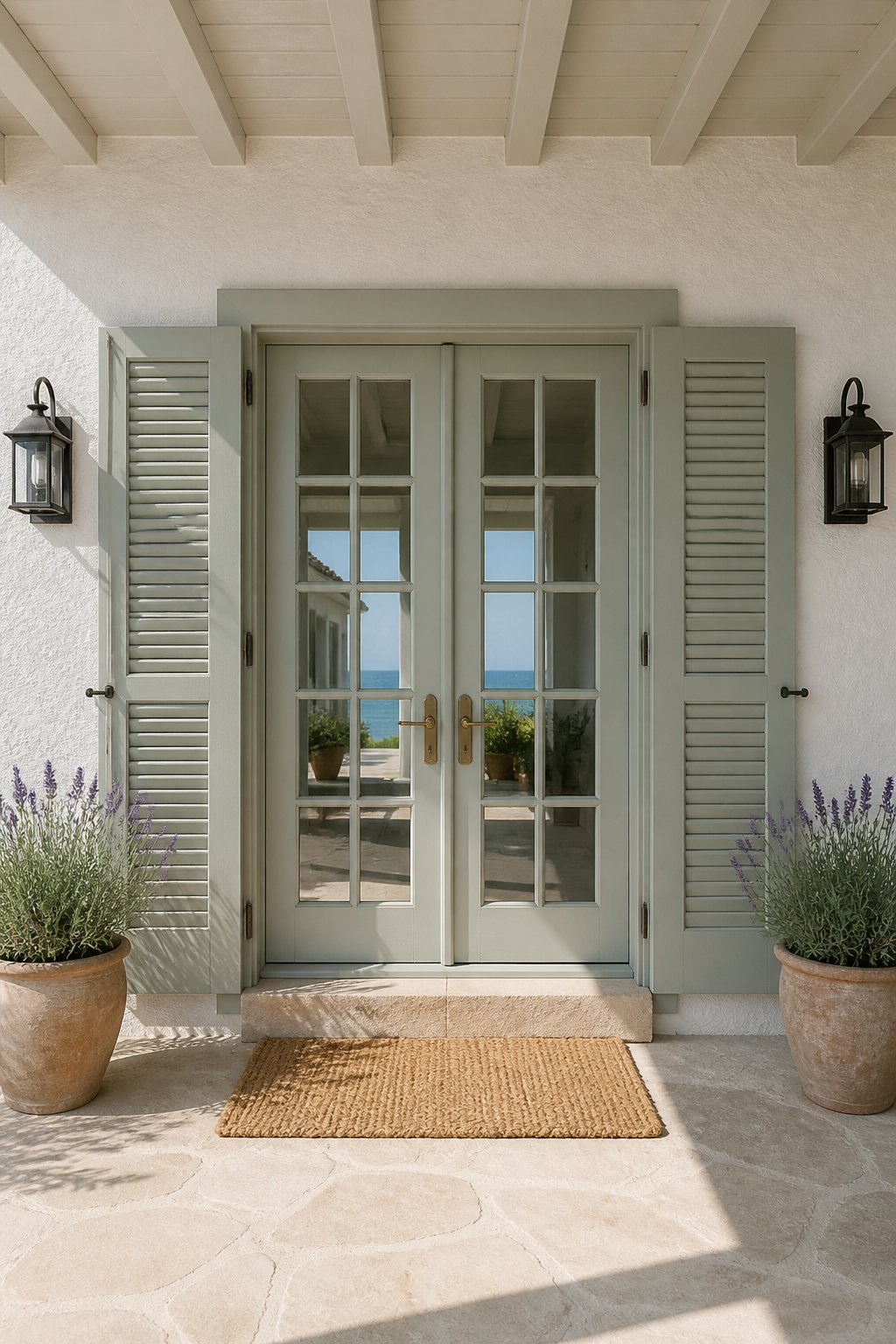 French doors with matching gray-green shutters in a warm white stucco wall, framed by sconces, lavender pots, and a doormat.