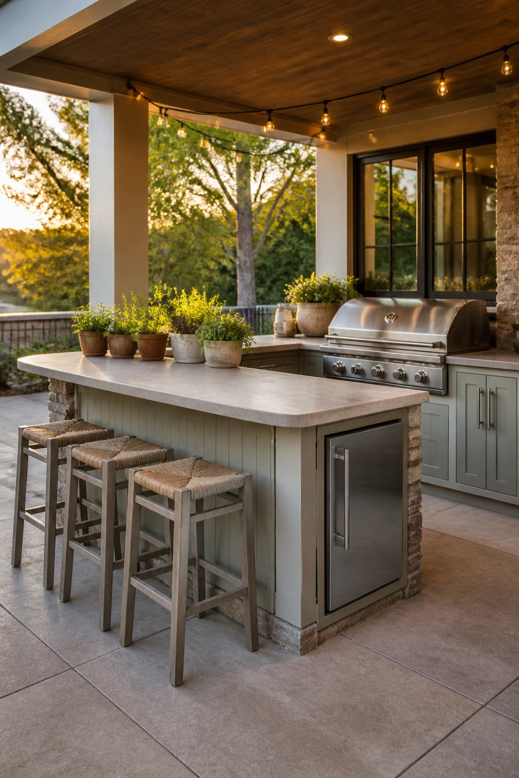 Covered outdoor kitchen with sage-green cabinetry, a concrete countertop, stainless steel appliances, three stools, potted herbs, and string lights.