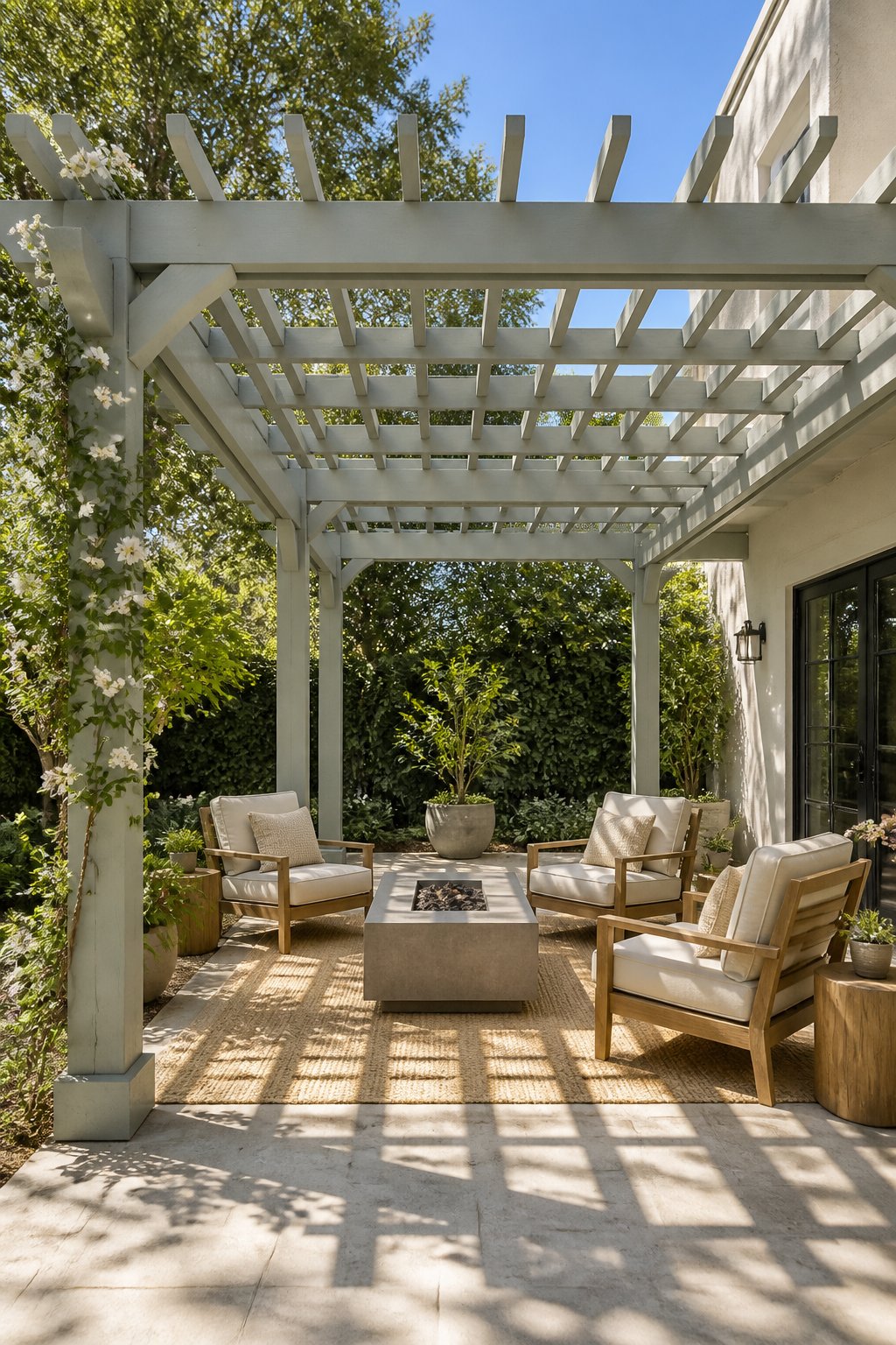 A gray-green pergola shades a furnished patio with lounge chairs, a fire table, a woven rug, and jasmine climbing one post.