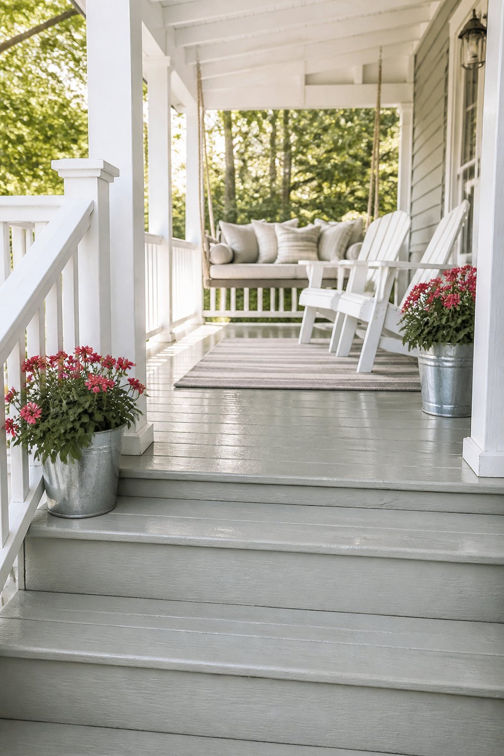 A covered cottage porch with a gray-green painted wood floor and steps, white railings, Adirondack chairs, planters, a striped rug, and a hanging swing bed.