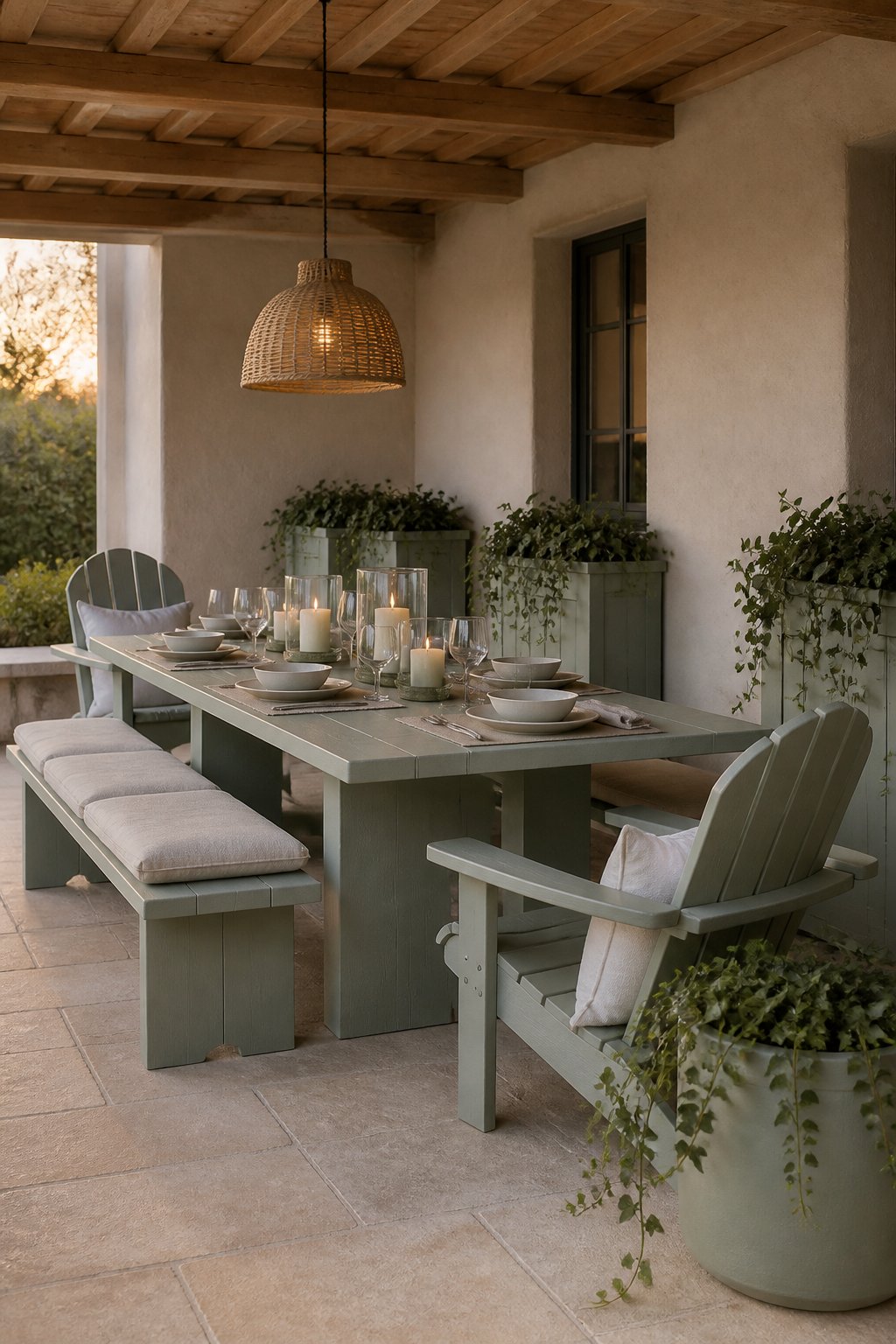 A covered patio dining area with sage-green furniture, cream cushions, planters of trailing ivy, and a set table beneath a woven pendant light.