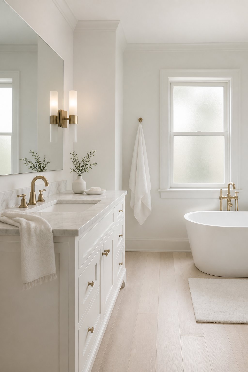 A serene white spa bathroom with a wood floor, marble vanity, brass fixtures, a large mirror, and soft daylight.