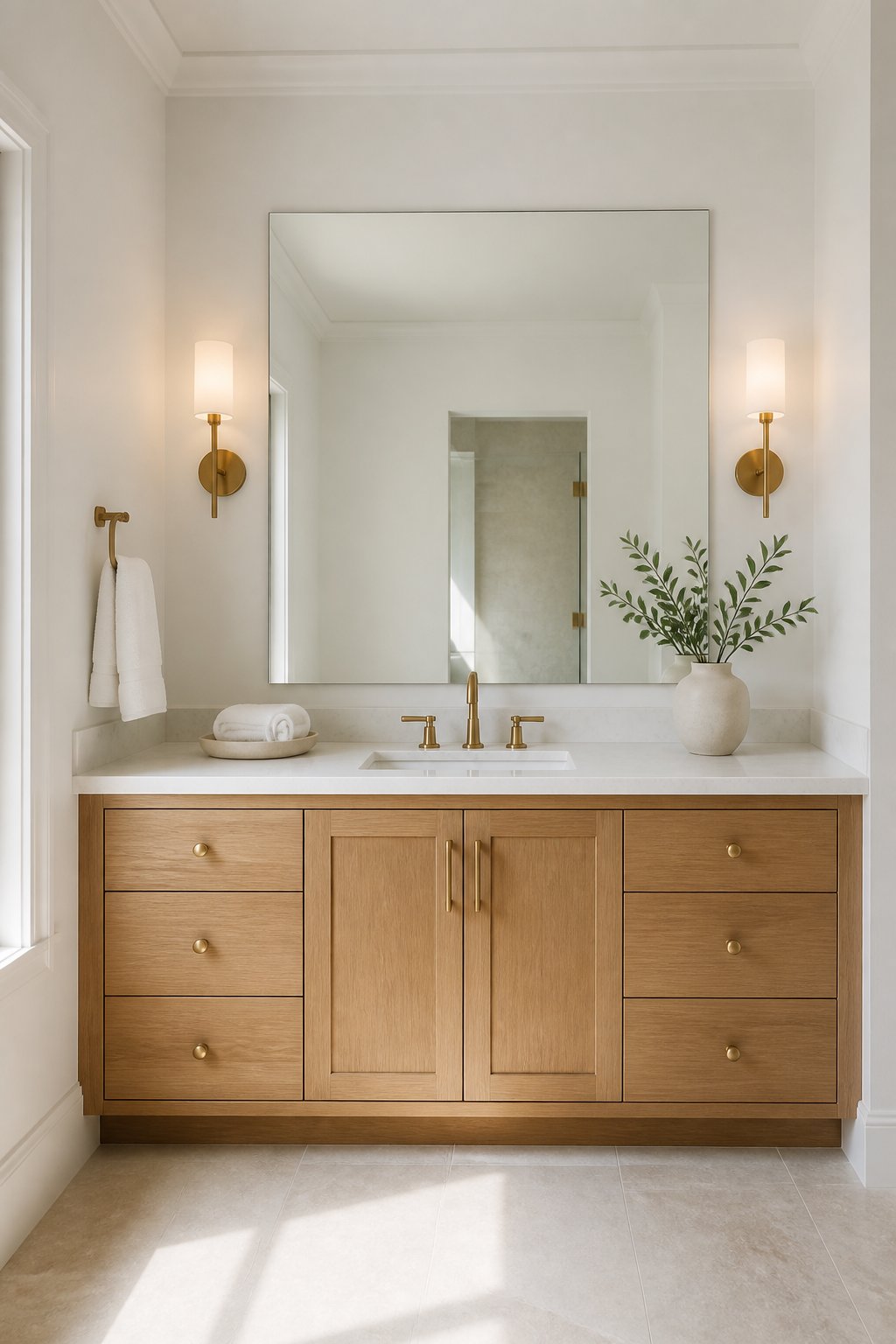 Bright bathroom with white walls, a natural wood vanity, brass fixtures, a large mirror, and warm wall lights.
