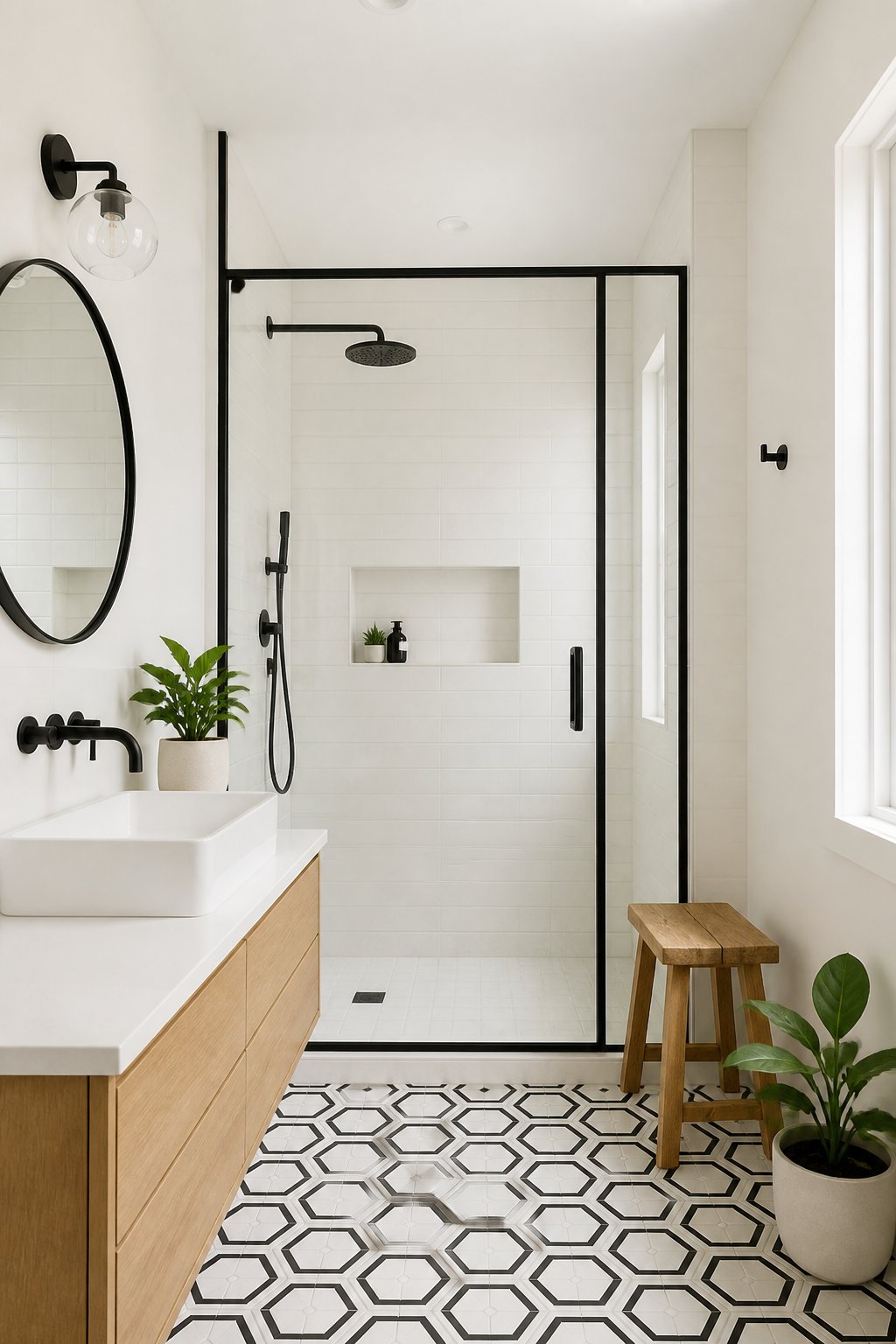 Bright white bathroom with black fixtures, a glass shower, patterned hexagonal floor tiles, a wooden stool, and a potted plant.