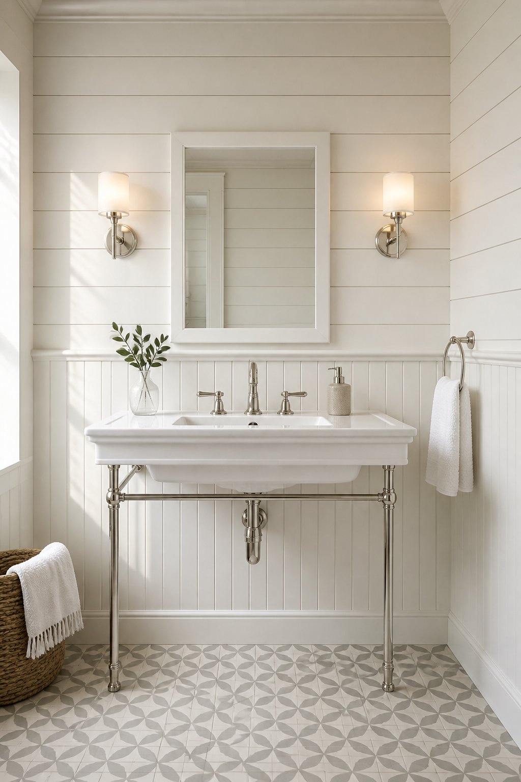 A bright bathroom with white horizontal and vertical wall paneling, a console sink, wall sconces, a framed mirror, and a patterned tile floor.