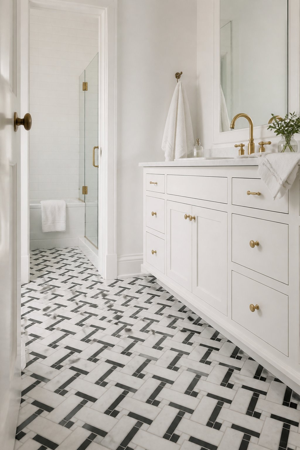 A bright bathroom with white walls and cabinetry, brass fixtures, a frameless mirror, and a bold black-and-white patterned floor.