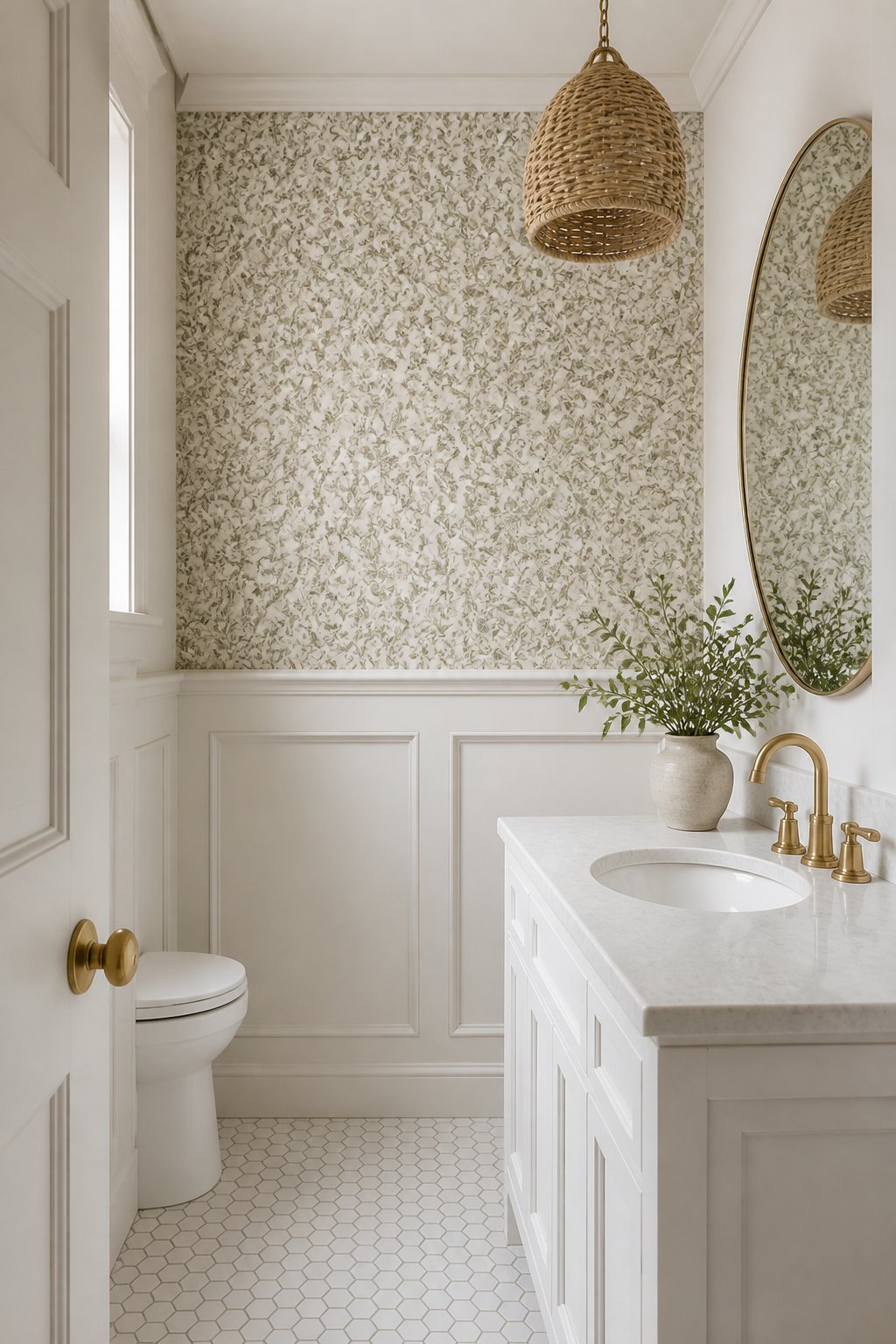 A bright powder room with botanical wallpaper above white wainscoting, a round mirror, brass faucet, woven pendant light, and white stone countertop.